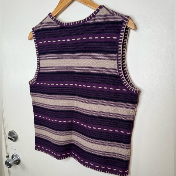 Vintage Sweater Vest Hand Embroidered Women Large Purple Beige Stripe Woven Boho - Picture 6 of 7